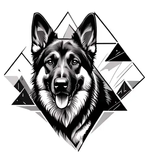 A German shepherd dog walks between mountains and the whole tattoo is lines and triangles, black and white in geometric  tattoo design idea