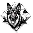 A German shepherd dog walks between mountains and the whole tattoo is lines and triangles, black and white in geometric  tattoo design idea