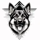 A German shepherd dog walks between mountains and the whole tattoo is lines and triangles, black and white in geometric  tattoo design idea
