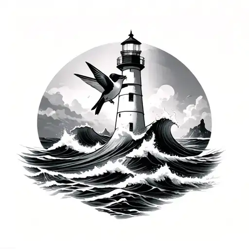 hummingbird on a lighthouse standing tall amidst crashing waves tattoo design idea