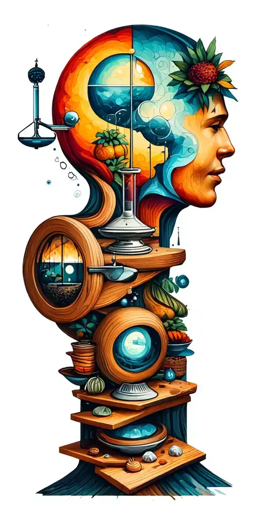 collage narrative of elements of science, woodworking, symbols of family,whimsy, geometric, funny scene, resilience tattoo design idea