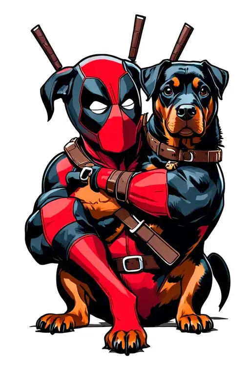 Deadpool with a Rottweiler dog playing tattoo design idea