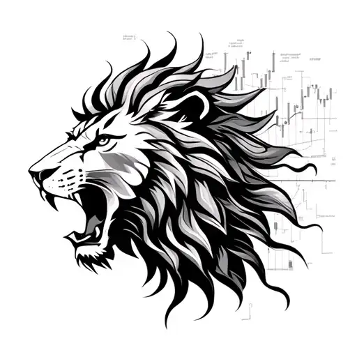 “A roaring lion with a mane made of candlestick charts, symbolizing strength and market analysis.” tattoo design idea