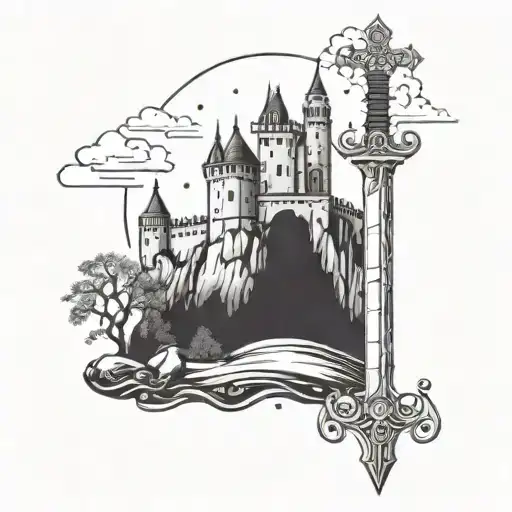 A mystical castle with a sword embedded in stone, guarded by an angelic figure in a medieval landscape tattoo design idea