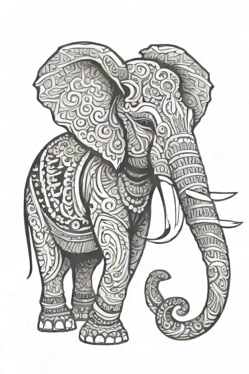 A minimalist tattoo outline of an Asian elephant’s face and tusks, adorned with ceremonial elements from the Esala Perah tattoo design idea