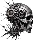 Biomechanics, metal parts, gears, pipes, wires, torn skin effect, 3D illusion, realism, black and gray color scheme. tattoo design idea