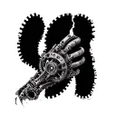 Biomechanics, metal parts, gears, pipes, wires, torn skin effect, 3D illusion, realism, black and gray color scheme. tattoo design idea