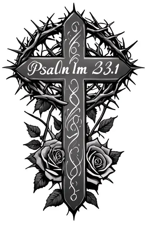 "Psalm 23:1" cross crown of thorns rose intertwined tattoo design idea