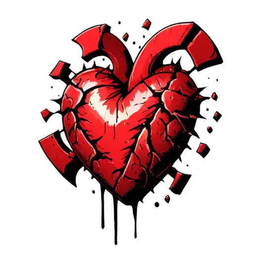Red cartoon heart broken into pieces tattoo design idea