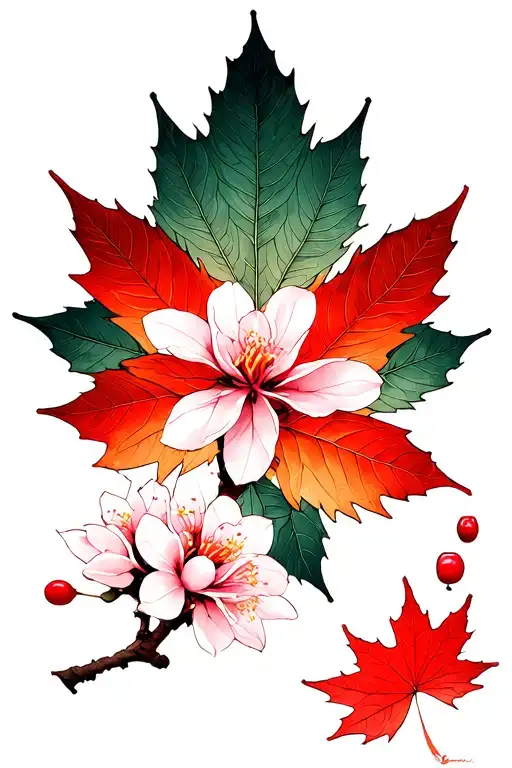 Japanese style Prajna cherry blossom maple leaf symmetry tattoo design idea