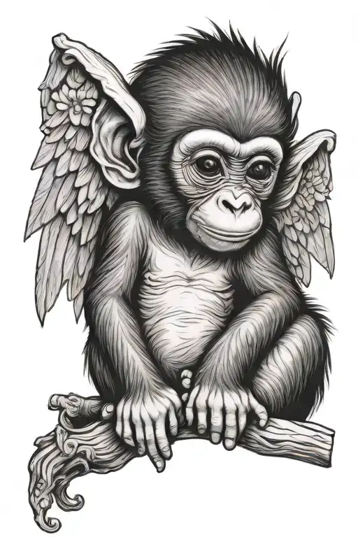baby monkey with wings sitting tattoo design idea