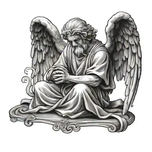 an angel figure sitting down and praying looking down tattoo design idea