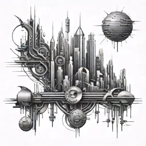 A futuristic cityscape with hidden musical instruments and binary code details tattoo design idea