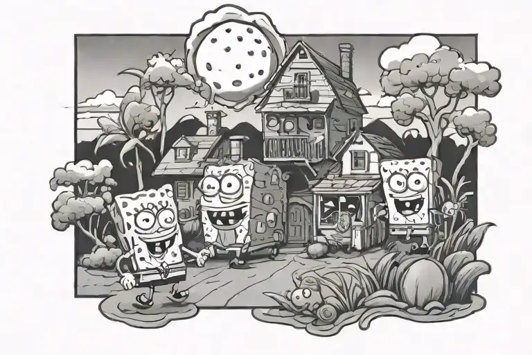 Tattoo with Spongebob, Patrick and Squidward in front of their houses with landscape of the Spongebob series tattoo design idea
