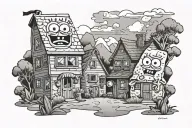 Tattoo with Spongebob, Patrick and Squidward in front of their houses with landscape of the Spongebob series tattoo design idea