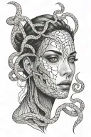 fractured woman's face with snakes wrapped tattoo design idea