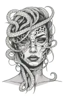fractured woman's face with snakes wrapped tattoo design idea
