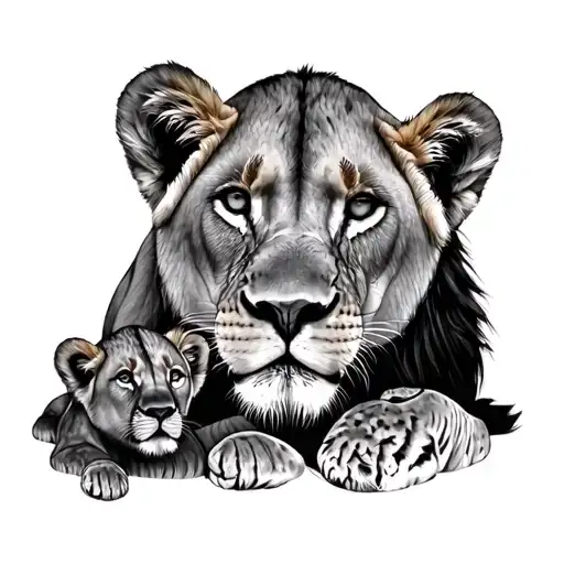 lioness tattoo and 4 lion cubs tattoo design idea