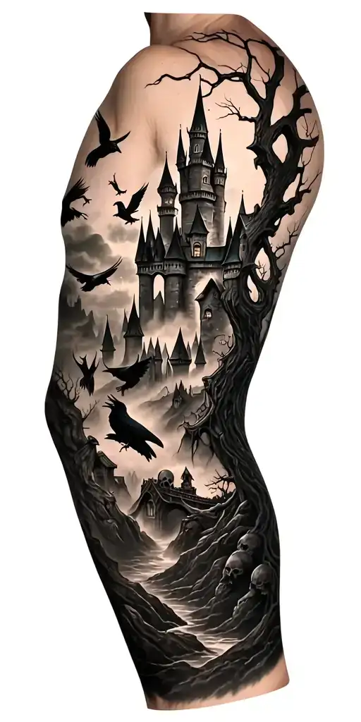  Full sleeve tattoo of haunted castle, twisted trees, skulls, ravens, demons, foggy landscape, black and grey, eerie,  tattoo design idea