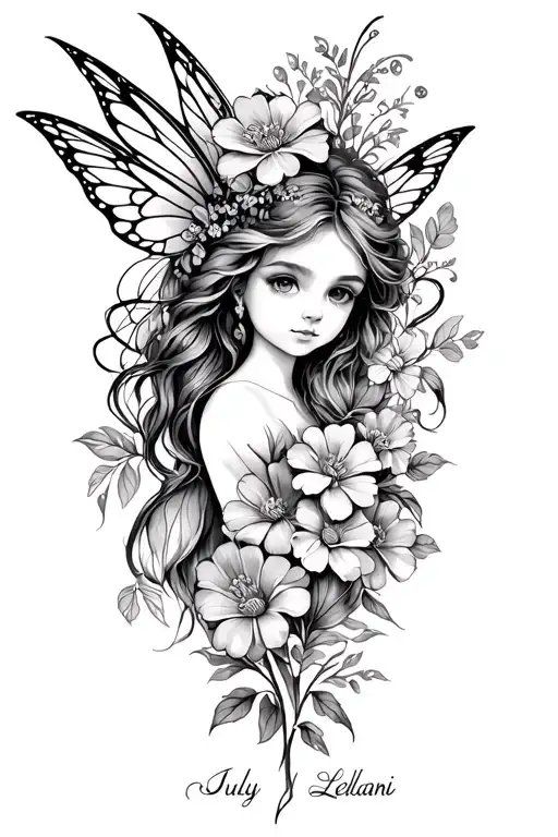fairy child, july birth flowers, name Leilani written cursive, not too much intricate detail tattoo design idea