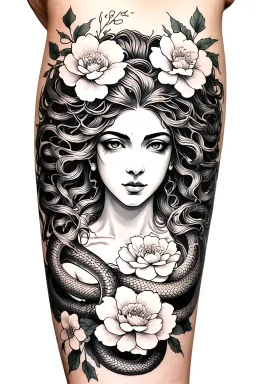 Japanese Irezumi forearm tattoo of Medusa with flowing snake hair, peonies and cherry blossoms, bold lines, black grey. tattoo design idea