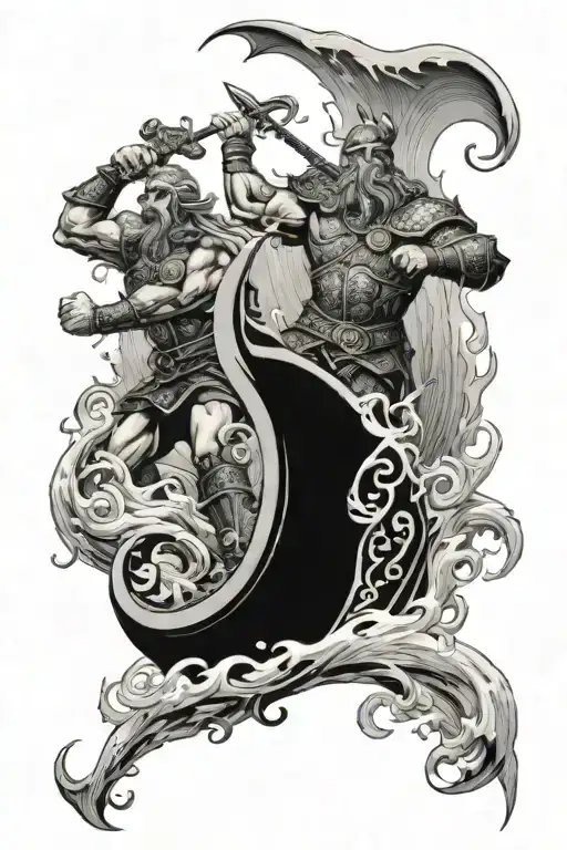 the gods aegir and logi fighting in the ocean and fire with viking ship and large waves and flames  tattoo design idea