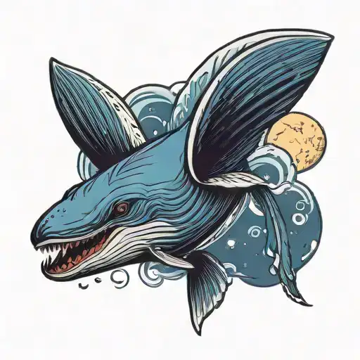 blue whale with eagle and moon tattoo design idea