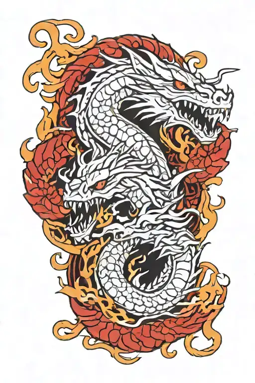 Forearm sleeve tattoo centered on a red dragon head breathing flames in the foreground and 3 dragons in the background. tattoo design idea