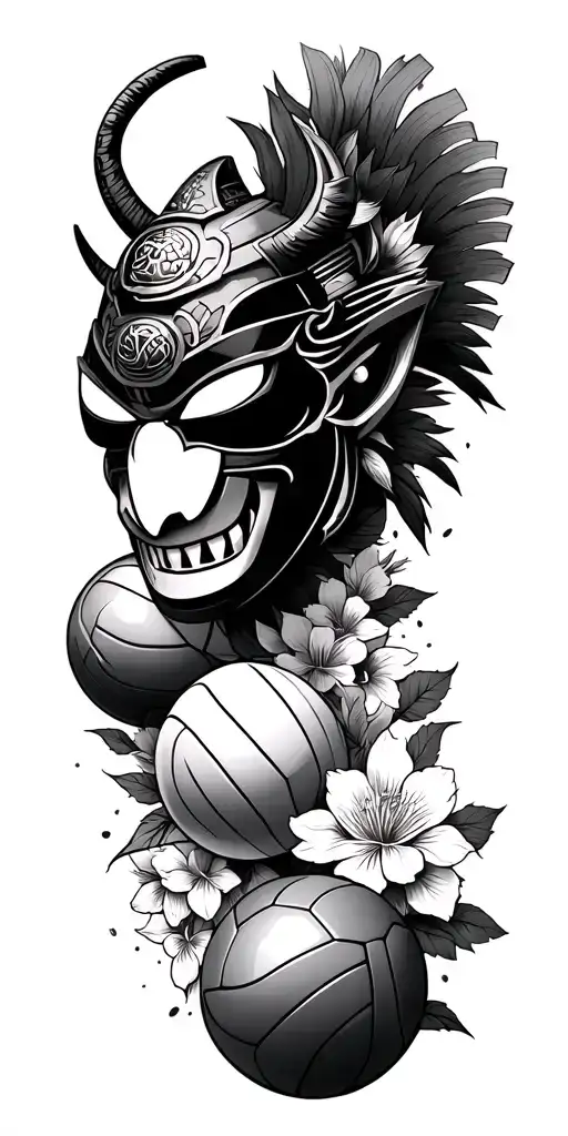 oni samurai mask with small billiard balls, volleyball and football. and Japanese flowers tattoo design idea