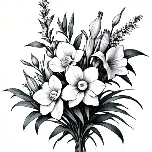 larkspur, narcissus, gladiolus flower bouquet tattoo design idea