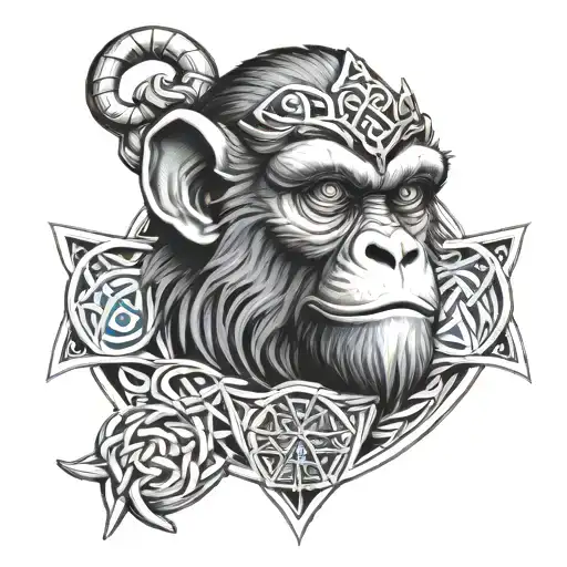 monkey With Blue Eyes On Armor Tattoo Design Featuring Celtic Trinity Knot Tattoo tattoo design idea