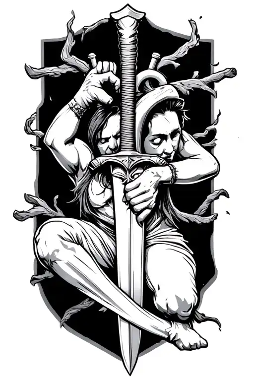 survived heart attack pose with sword tattoo design idea