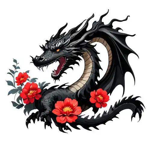 a black dragon with red flowers around it  tattoo design idea