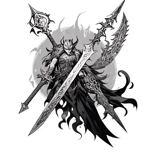 Meliodas Lostvayne weapon, Tojis Spear of Inverted Heaven, and Tengen Uzui's Weapons all laid together  tattoo design idea