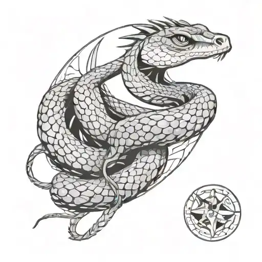 rattle snake coiled in front of a coyote,  hawk flying over, line art tattoo design idea