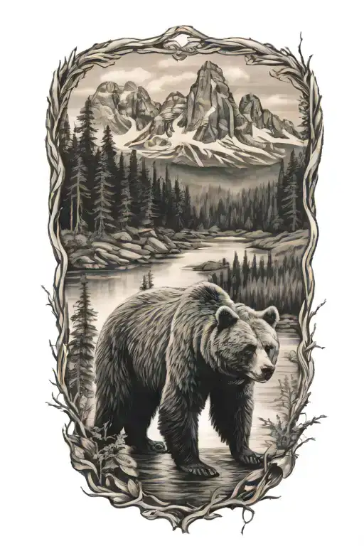 bear, forest, mountains, river tattoo design idea