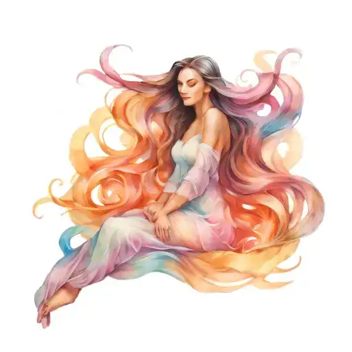 iridescent goddess surrounded by colorful pastel clouds, long flowing hair, long flowing dress, rayes of light   tattoo design idea