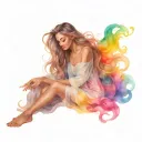 iridescent goddess surrounded by colorful pastel clouds, long flowing hair, long flowing dress, rayes of light   tattoo design idea