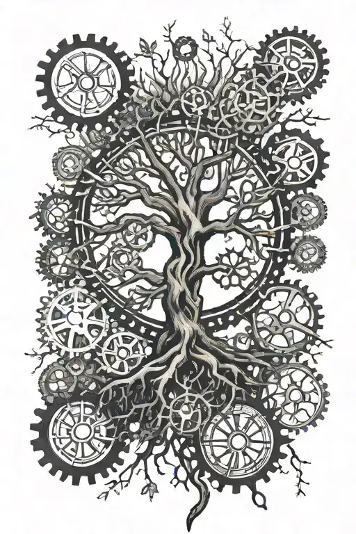 A tree of life tattoo with roots spreading into a network of gears and machinery, showcasing the connection between nature and innovation tattoo design idea