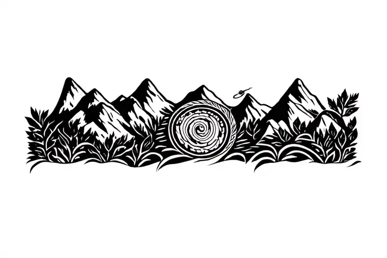 Peruvian mountain range with pachamama spiral; incorporate cougar, condor and snake; cica leaves tattoo design idea