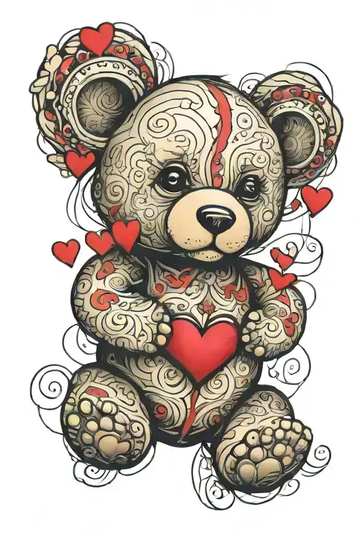 teddy bear surrounded in hearts of bob wire tattoo design idea