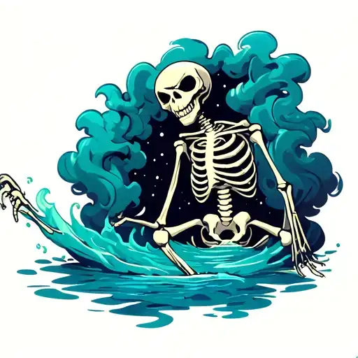 a skeleton alien coming out of a stream of smoke forming the shape. The background is a night sky tattoo design idea