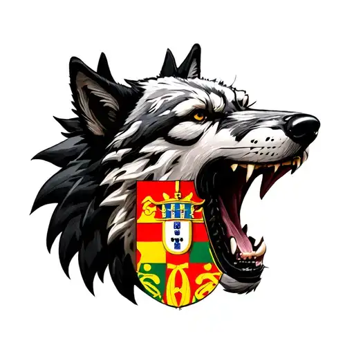 very bad wolf open mouth with the coat of arms of Portugal tattoo design idea