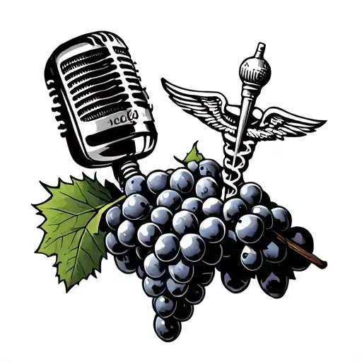 A tattoo of a radio mic and the Staff of Asclepius laying on a bundle of wine grapes tattoo design idea