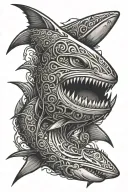 female tribal back tattoo design featuring shark teeth tattoo design idea