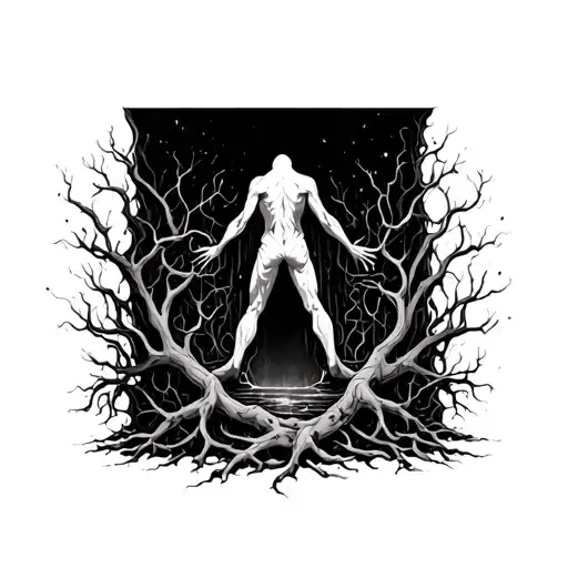 A figure descending into a dark abyss, surrounded by intertwining roots and abstract lines, made in cold black tones tattoo design idea