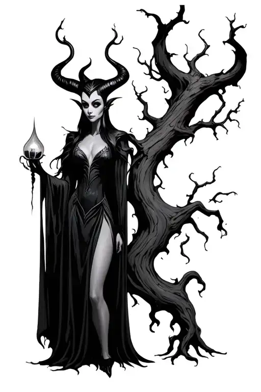 maleficent standing next to a poison tree tattoo design idea