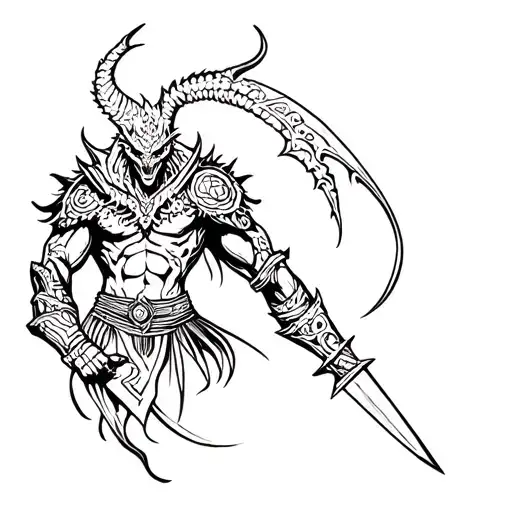 Demon warrior with intricate knife designs tattoo design idea