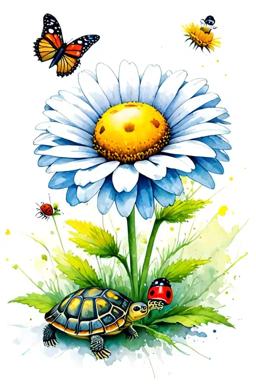 daisy flower only with a lady bug on the daisy, a turtle, and a butterfly with a water color effect tattoo design idea