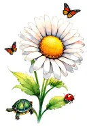 daisy flower only with a lady bug on the daisy, a turtle, and a butterfly with a water color effect tattoo design idea